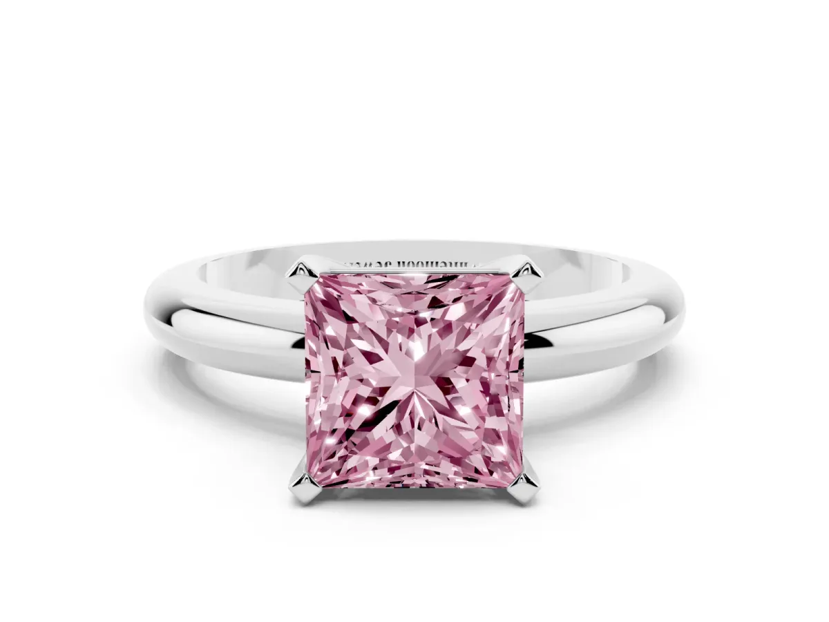 Fancy Pink Princess Cut Diamond Solitaire Engagement Ring with Round Band and Four-Prong Setting Silver