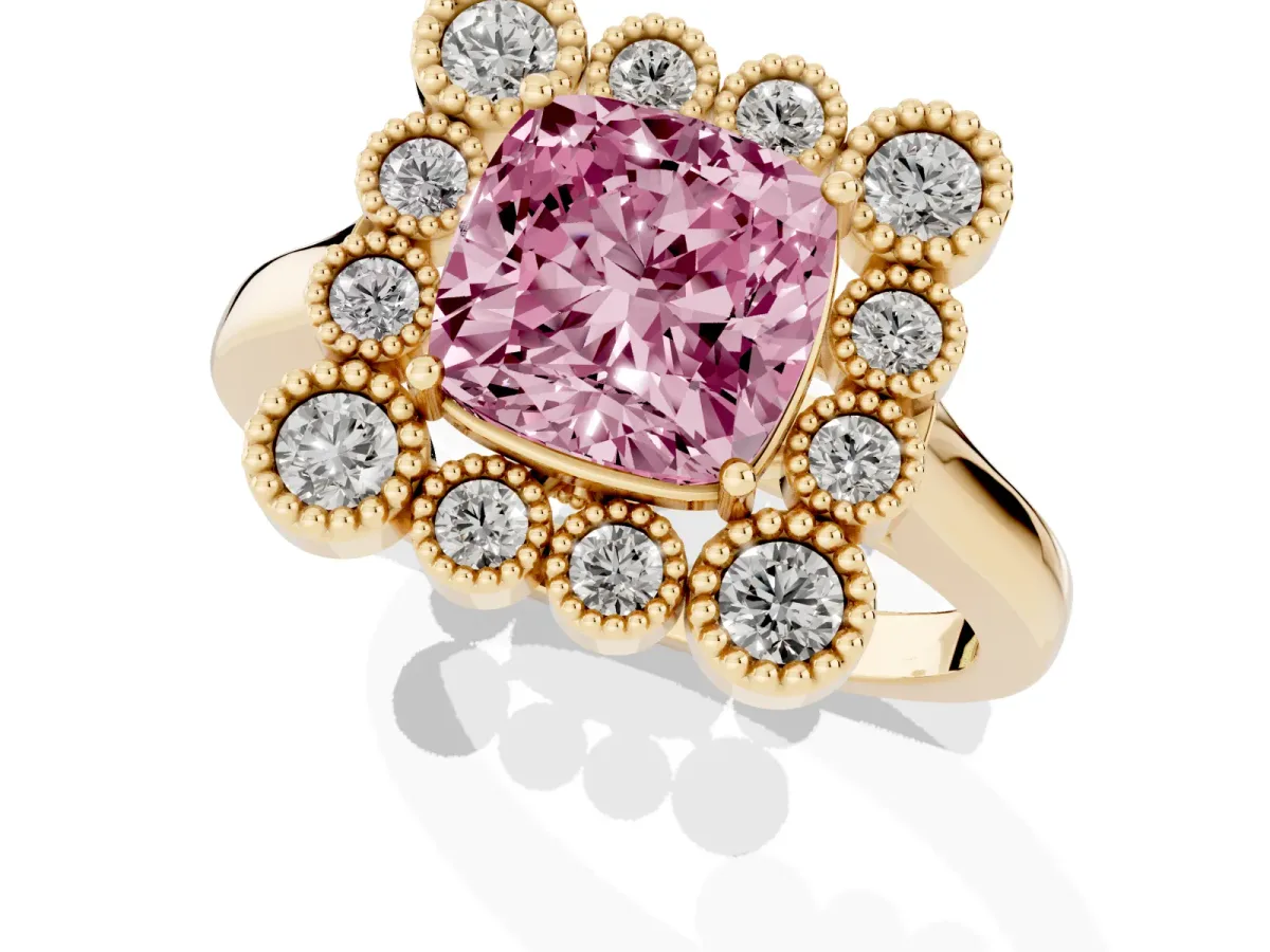 Fancy Pink Cushion Cut Halo Diamond Cluster Engagement Ring with Milgrain Bezel Setting and Solitaire Band Yellow gold