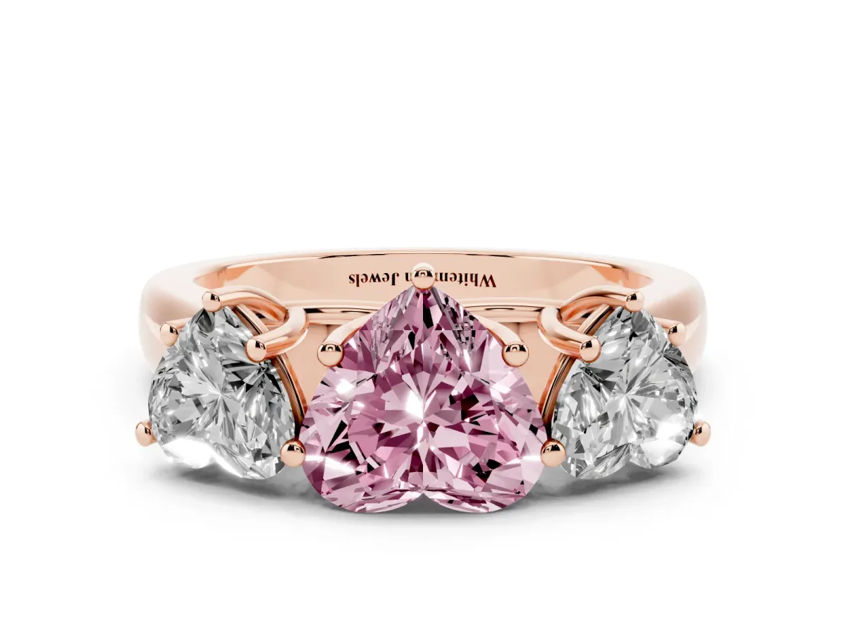 Fancy Pink Heart Cut Three-Stone Diamond Ring with Prong Setting on a Classic Band Rose gold