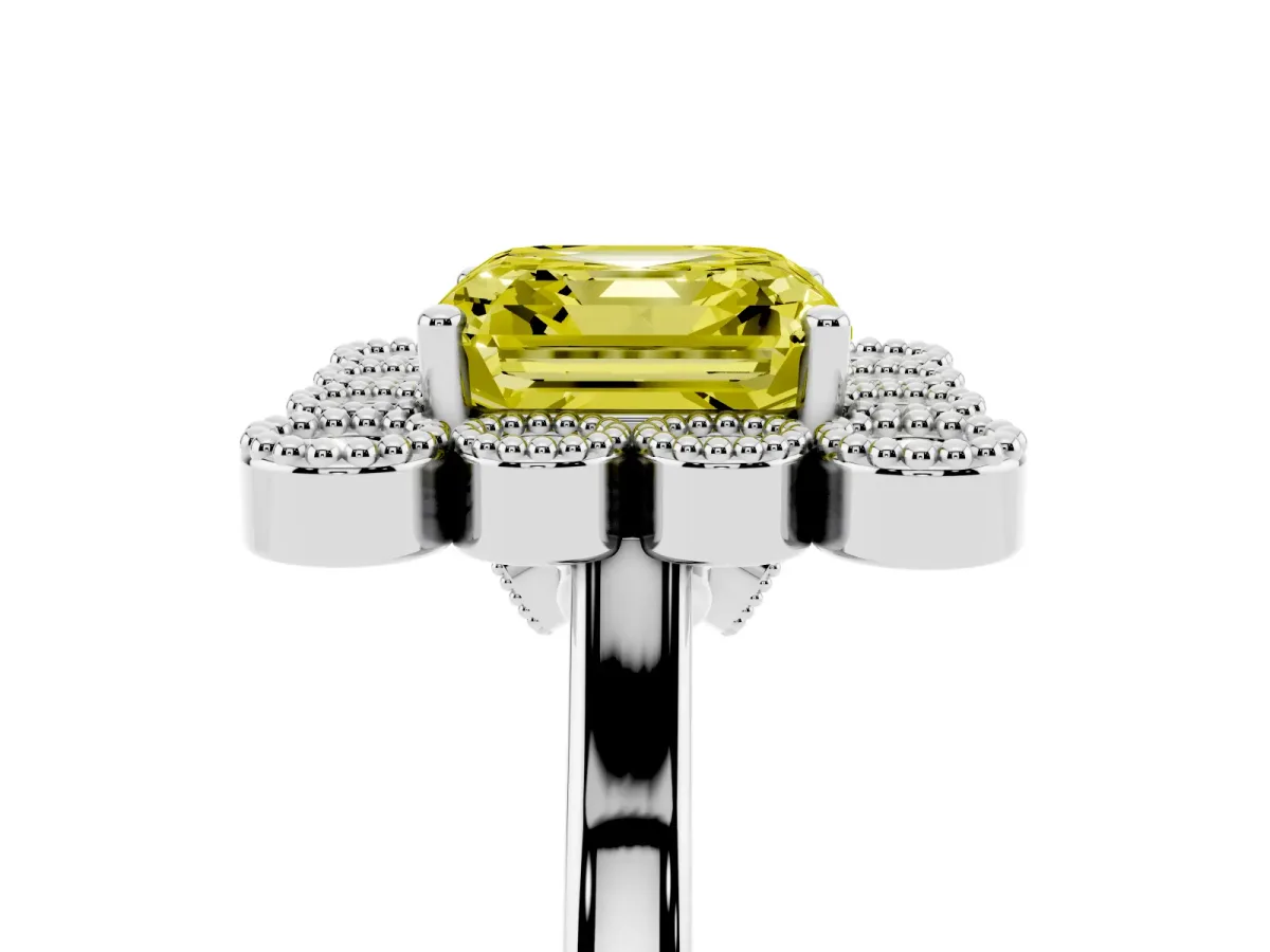 Fancy Yellow Asscher Cut Halo Diamond Cluster Engagement Ring with Milgrain Bezel Setting and Solitaire Band Silver
