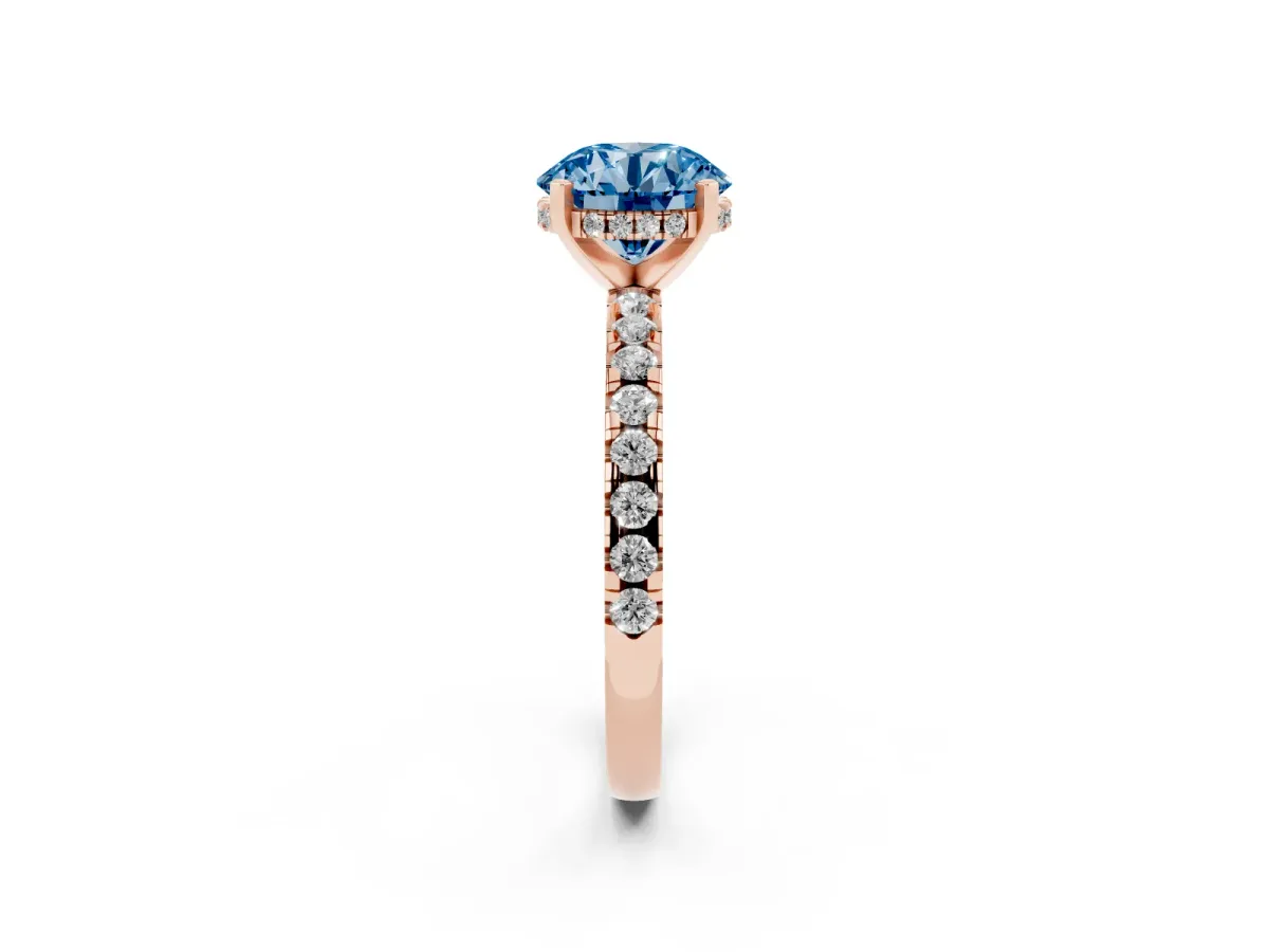 Fancy Blue Round Cut Diamond Solitaire Ring with Round Pavé Band and Four-Prong Setting Rose gold
