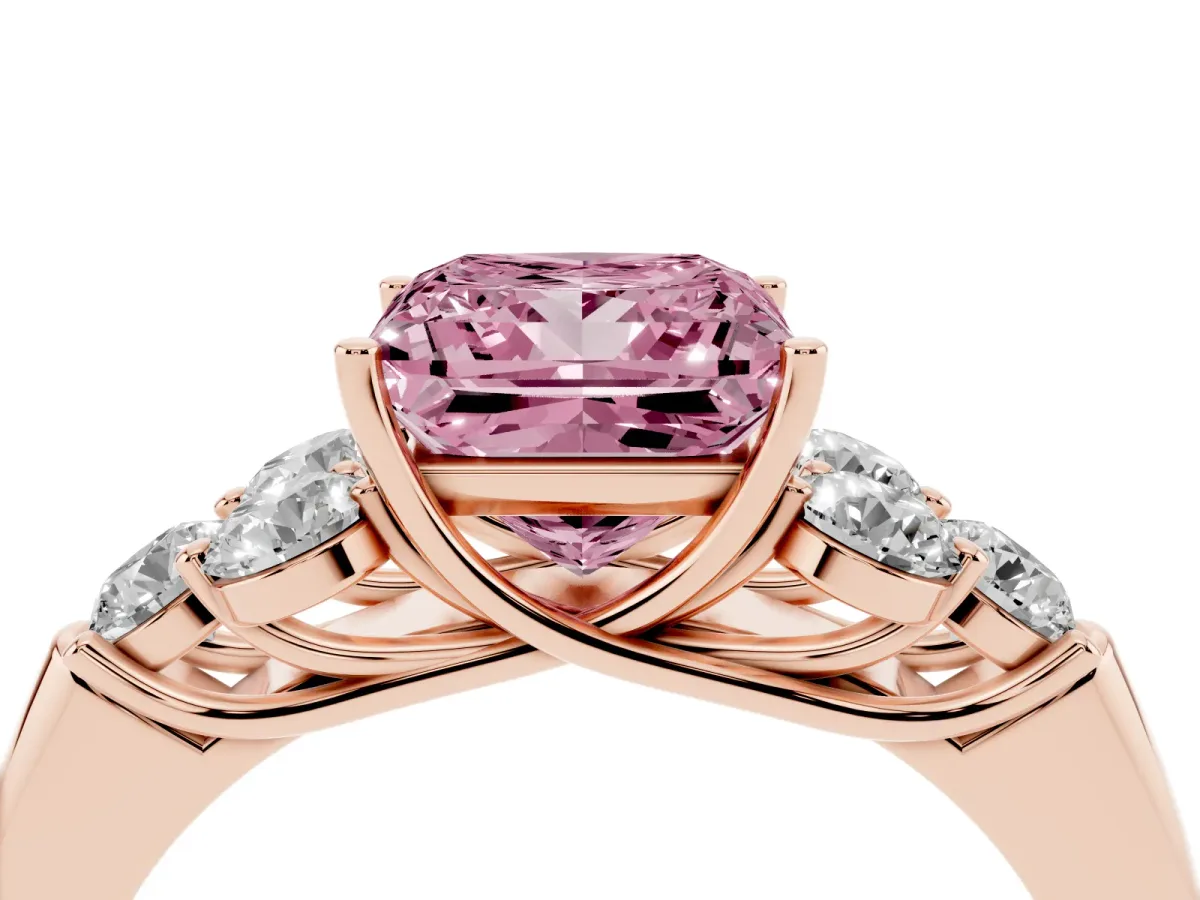 Fancy Pink Princess Cut Cut Diamond Cluster Ring with Round Accent Stones and Prong Setting on a Classic Band Rose gold
