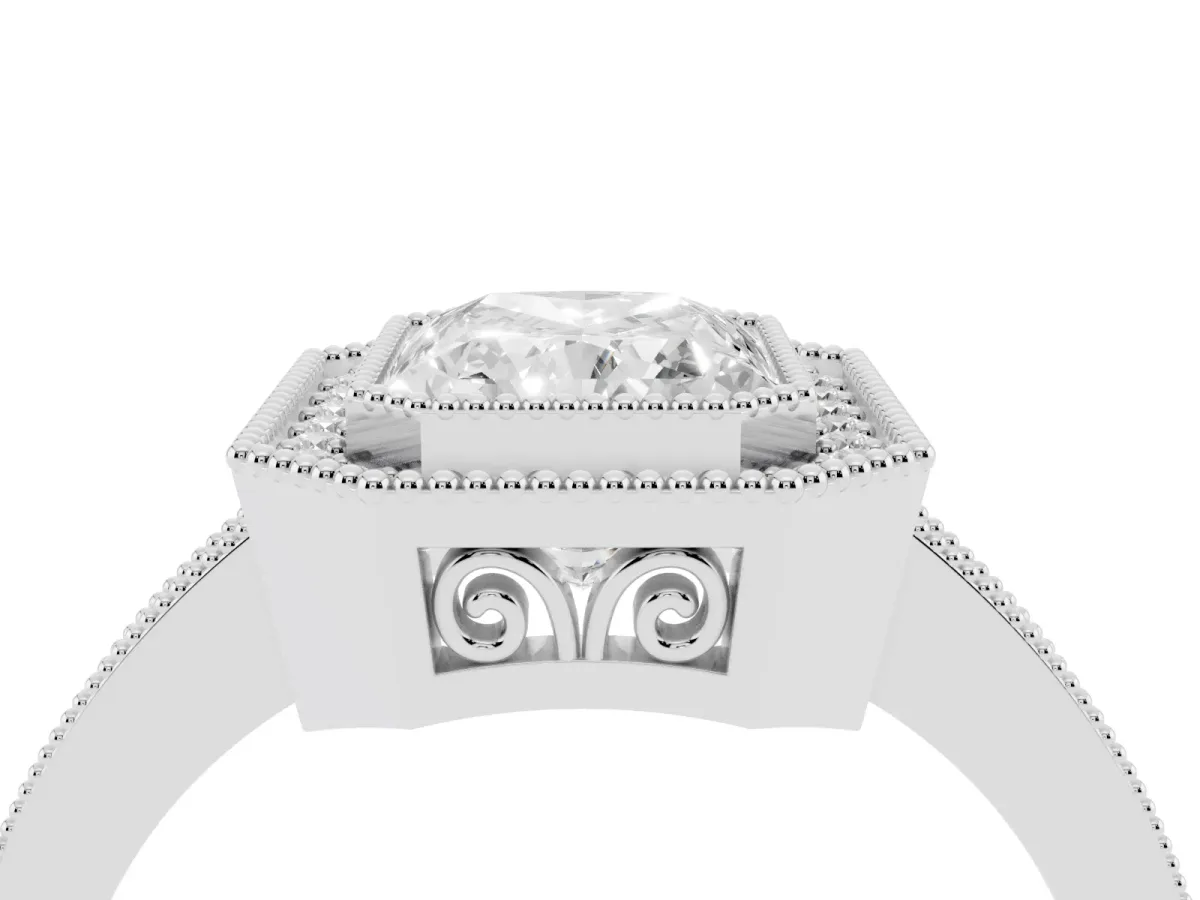 Radiant Cut Cut Halo Diamond Ring with Pavé Band and Milgrain Prong Setting Silver