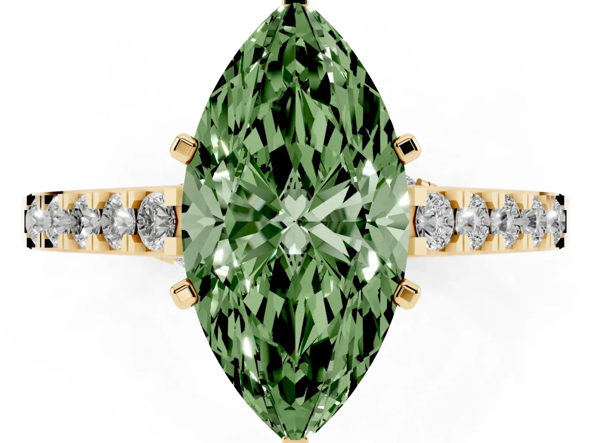 Fancy Green Marquise Cut Diamond Solitaire Ring with Crossover Gallery and Round Pavé Band Yellow gold