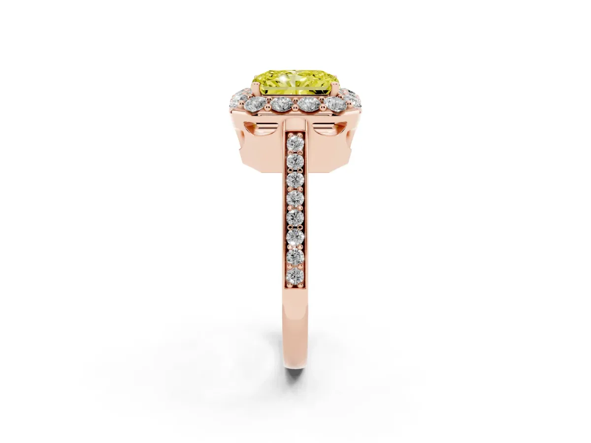 Fancy Yellow Radiant Cut Diamond Floral Halo Ring with Pavé Band and Prong Setting Rose gold
