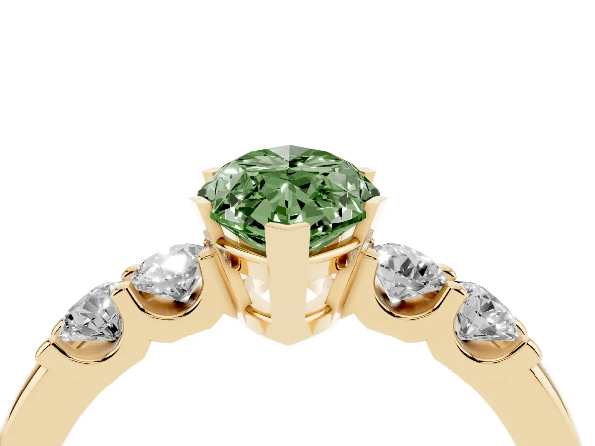 Fancy Green Marquise Cut Brilliant Cut Diamond Five-Stone Prong Set Engagement Ring with Channel Band Yellow gold