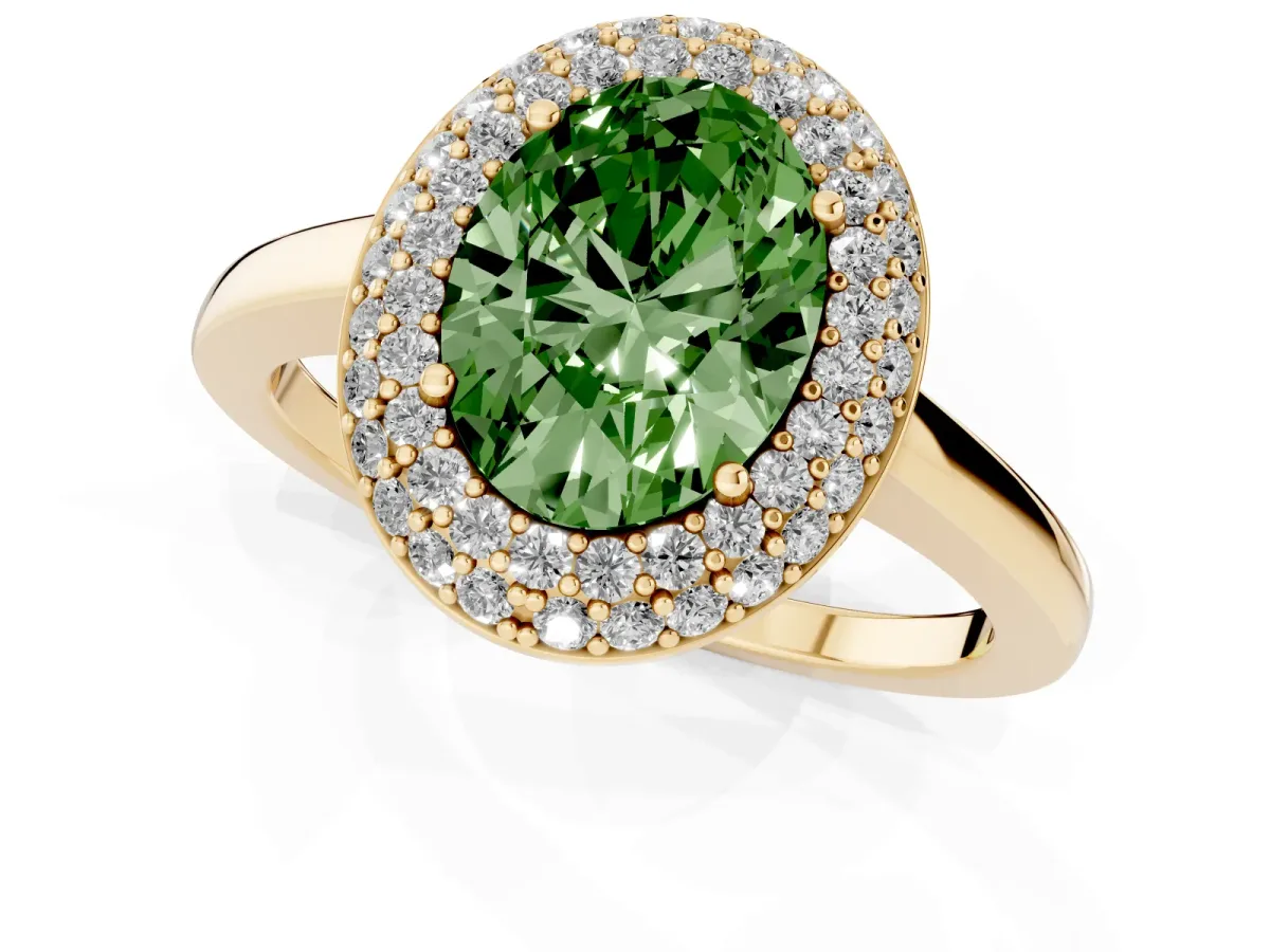 Fancy Green Oval Cut Halo Diamond Engagement Ring with Solitaire Band and Four-Prong Setting Yellow gold