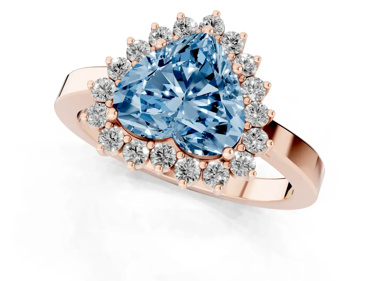 Fancy Blue Heart Cut Cut Diamond Halo Ring with Round Brilliant Halo and Solitaire Band Rose gold