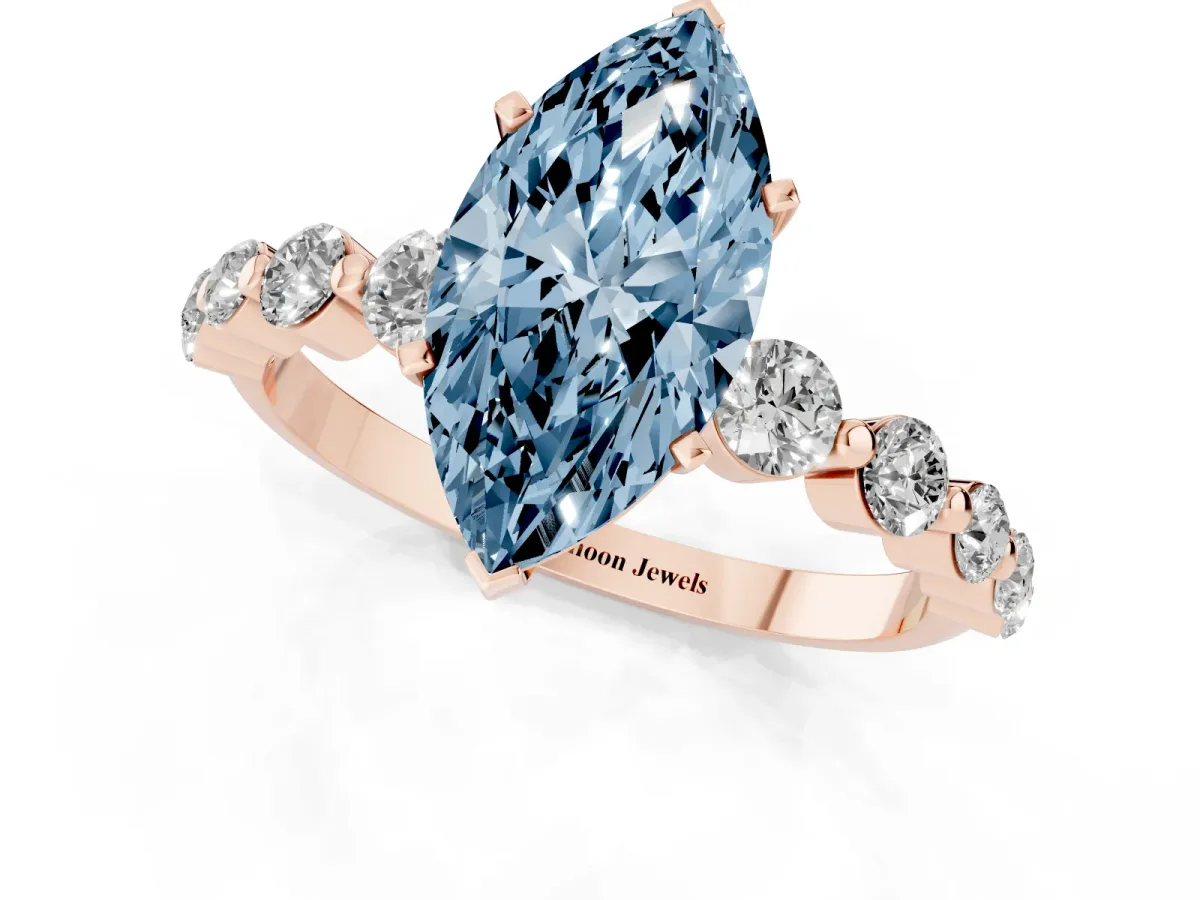 Fancy Blue Marquise Cut Solitaire Diamond Ring with Pave Band and Four-Prong Setting Rose gold
