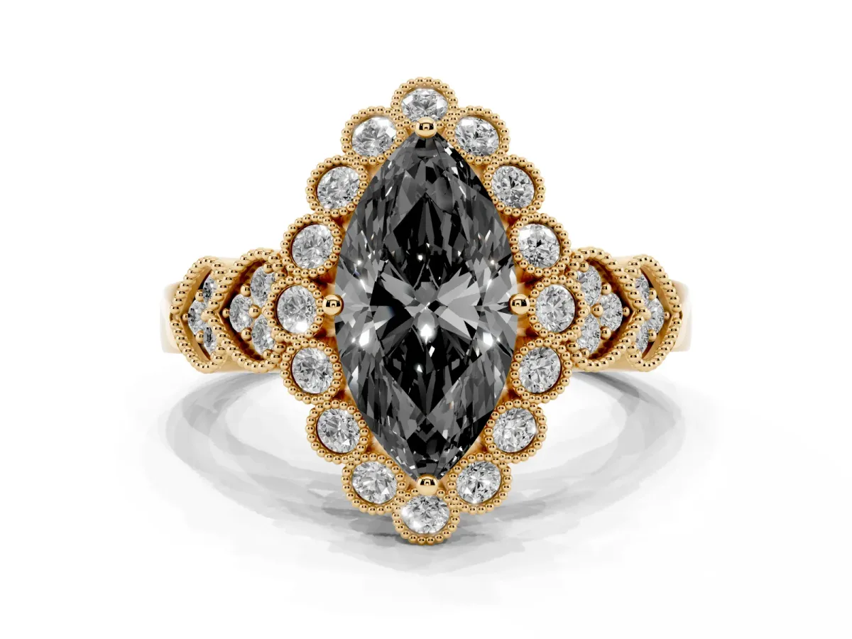 Fancy Black Marquise Cut Brilliant Milgrain Pave Heart Band Solitaire Ring Yellow gold
