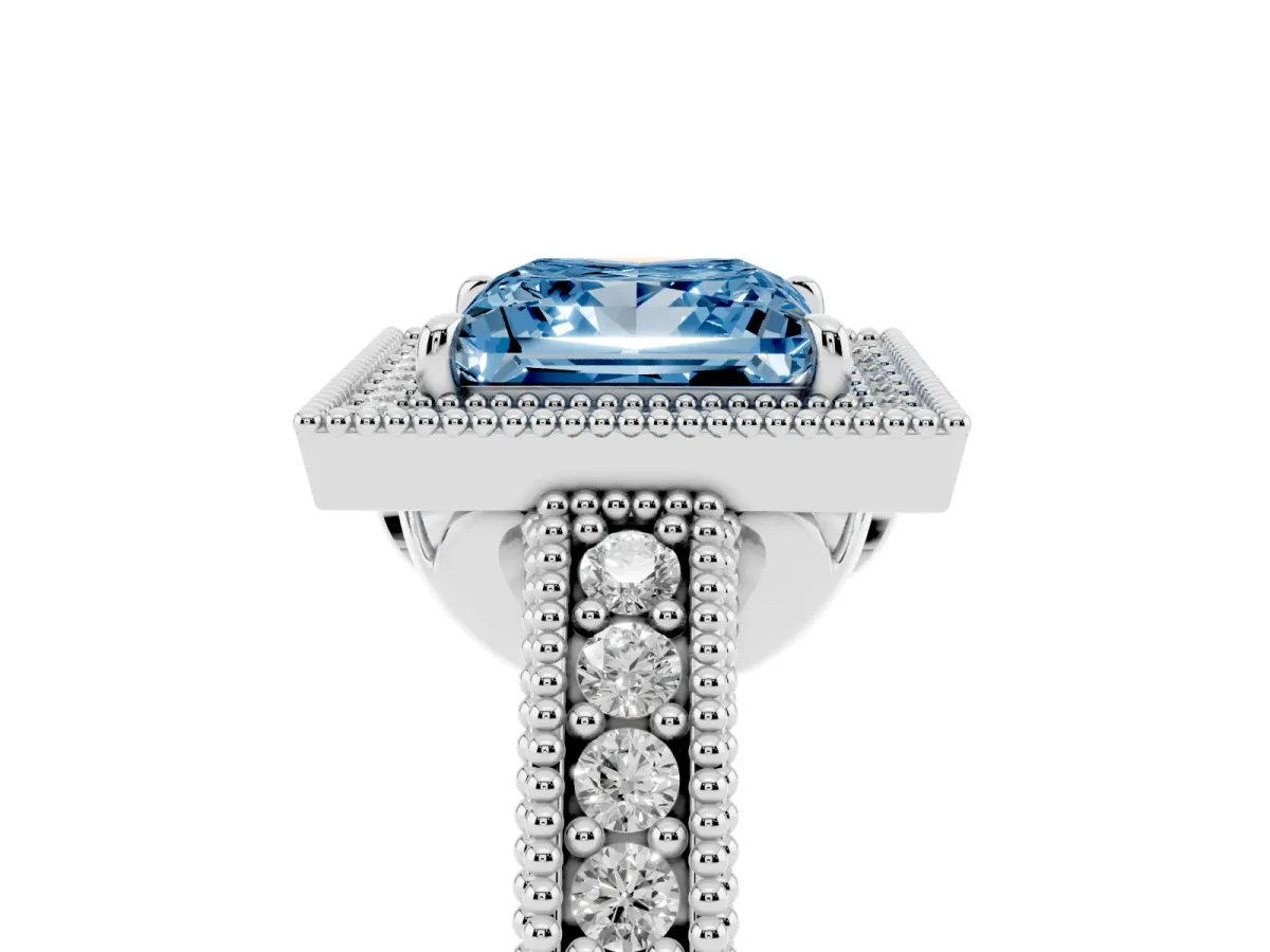 Fancy Blue Princess Cut Cut Halo Diamond Ring with Pavé Band and Four-Prong Setting Platinum