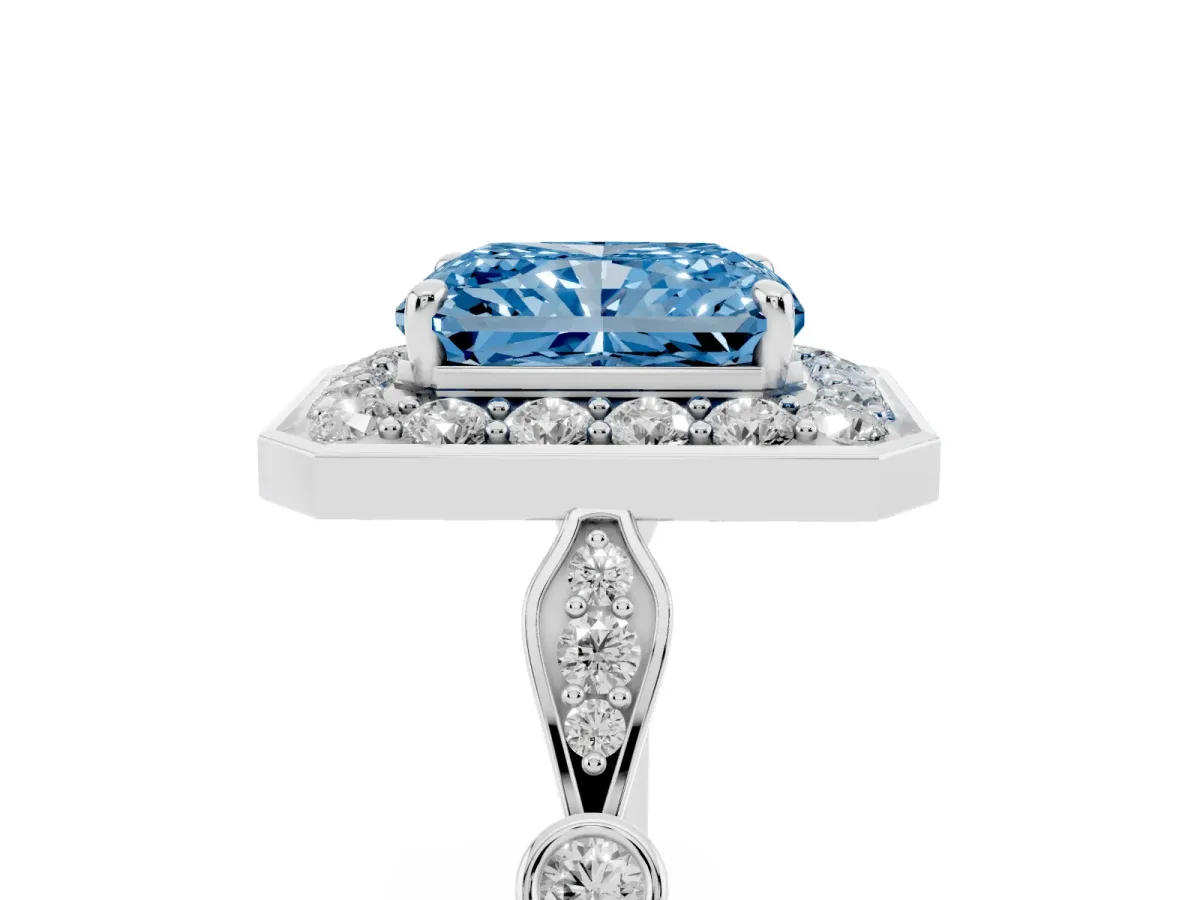 Fancy Blue Radiant Cut Halo Diamond Engagement Ring with Twisted Band and Four-Prong Setting White gold