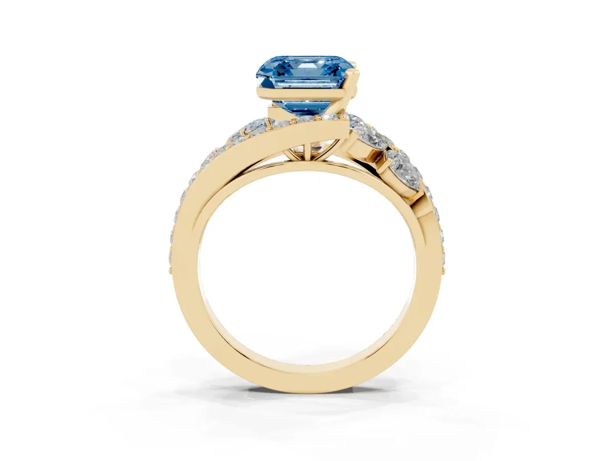 Fancy Blue Asscher Cut Diamond Halo Ring with Marquise and Pavé Band in Prong Setting Yellow gold