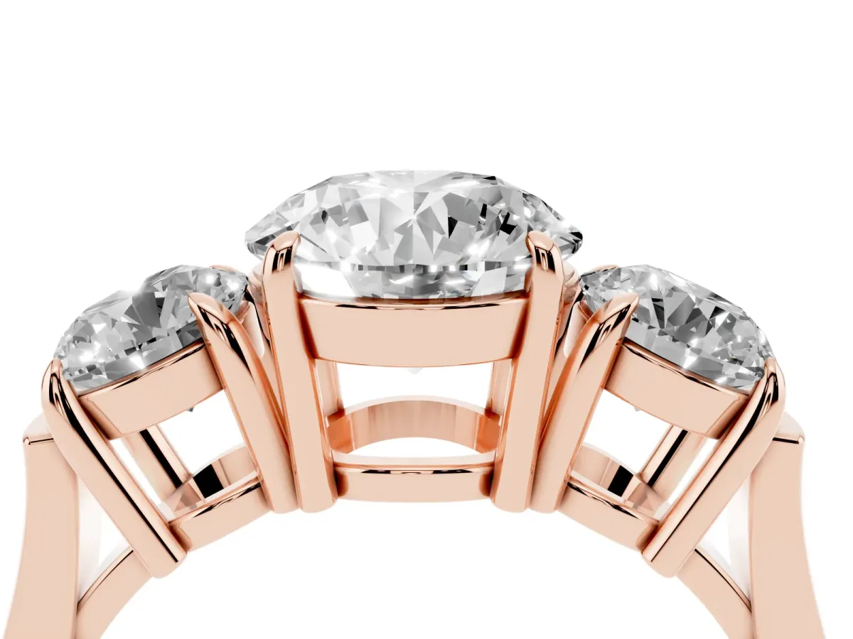 Three-Stone Round Cut Cut Diamond Ring with Round Accent Stones, Prong Setting, and Classic Band Rose gold