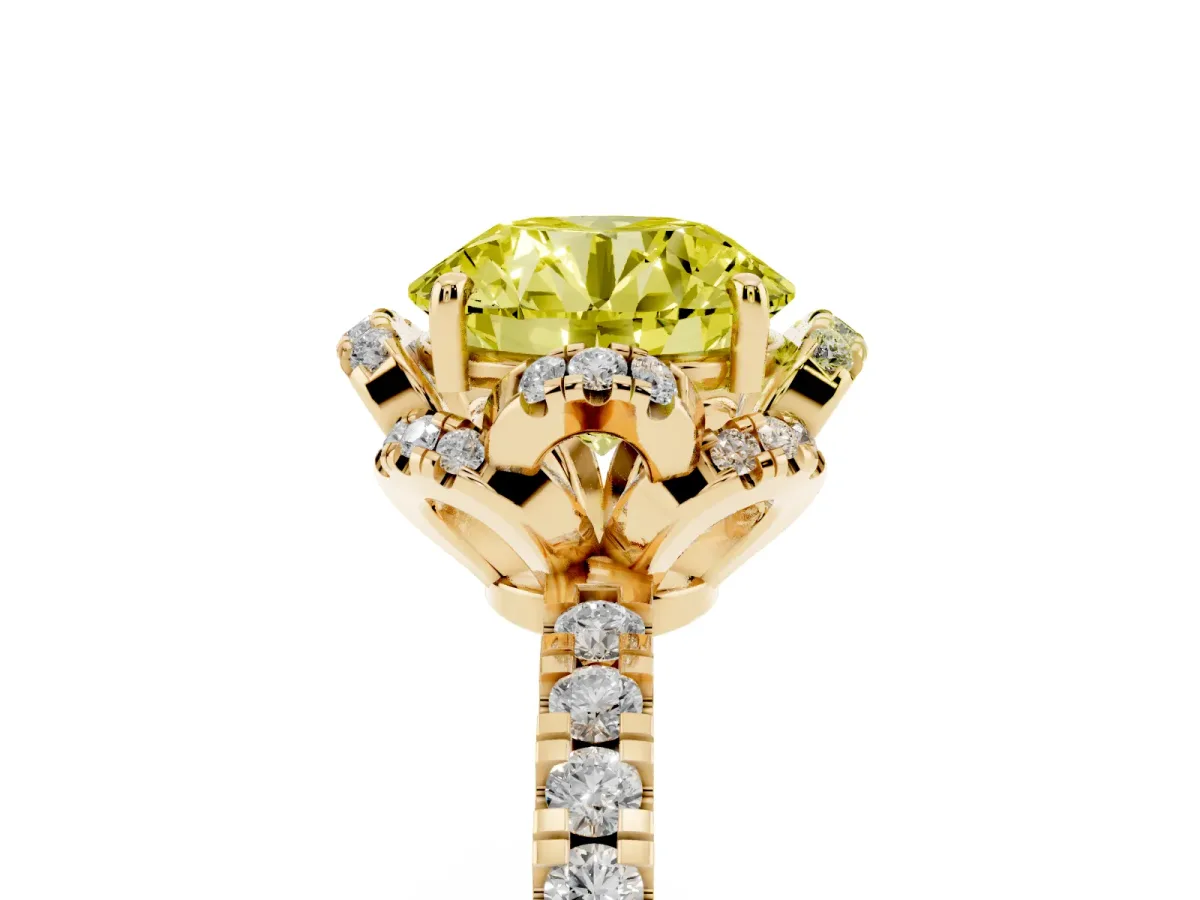Fancy Yellow Round Cut Diamond Halo Pave Band with Four-Prong Setting Yellow gold