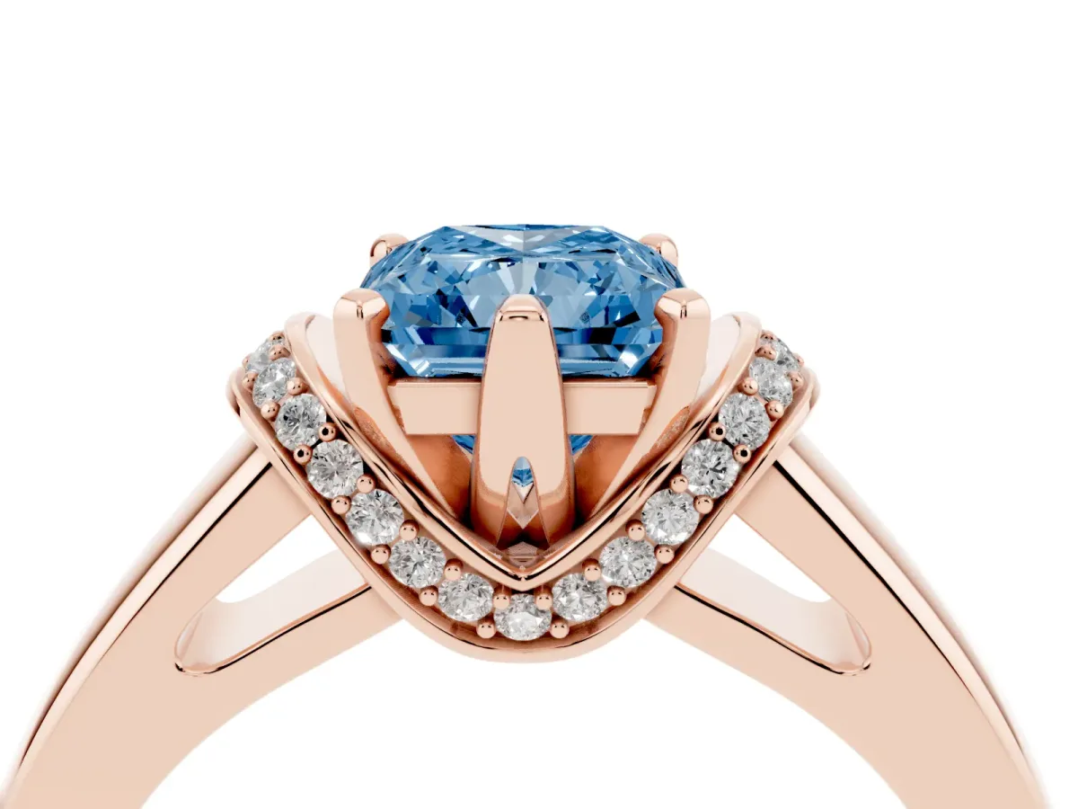 Fancy Blue Radiant Cut Solitaire Diamond Ring with Pave Band and Six-Prong Setting Rose gold
