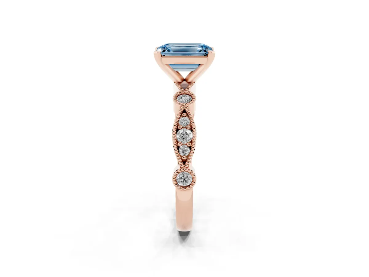 Fancy Blue Emerald Cut Milgrain Bezel Diamond Engagement Ring with Solitaire Prong Setting Rose gold