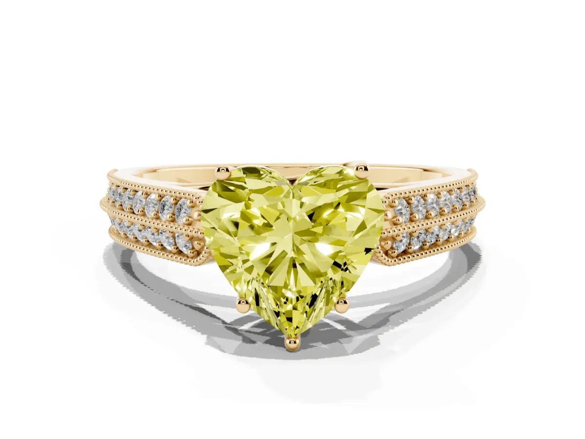 Fancy Yellow Heart Cut Cut Pave Split Shank Engagement Ring with Four-Prong Setting Yellow gold