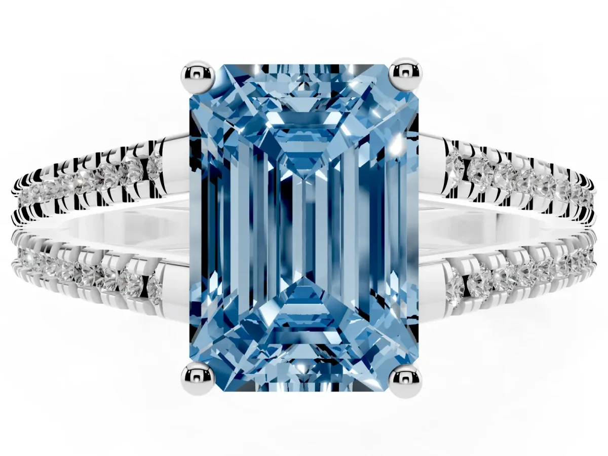 Fancy Blue Emerald Cut Diamond Solitaire Engagement Ring with Split Shank Pavé Band Platinum