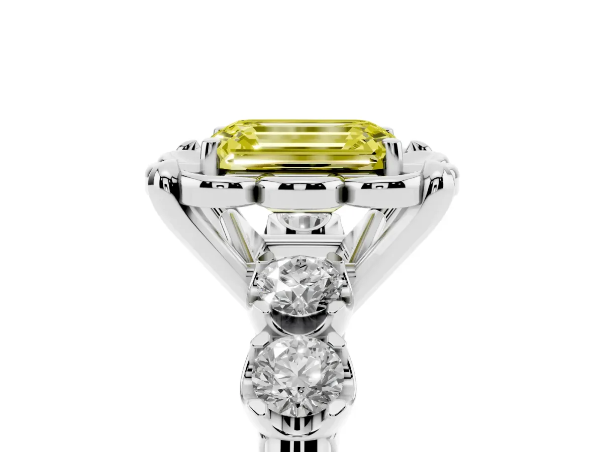 Fancy Yellow Emerald Cut Cut Diamond Floral Halo Engagement Ring with Shared Prong Setting Silver