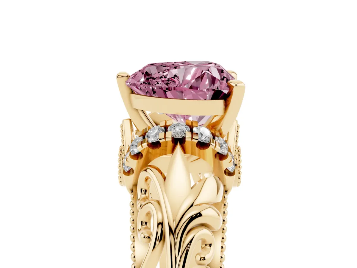 Fancy Pink Heart Cut Solitaire Filigree Engagement Ring with Halo and Prong Setting Yellow gold