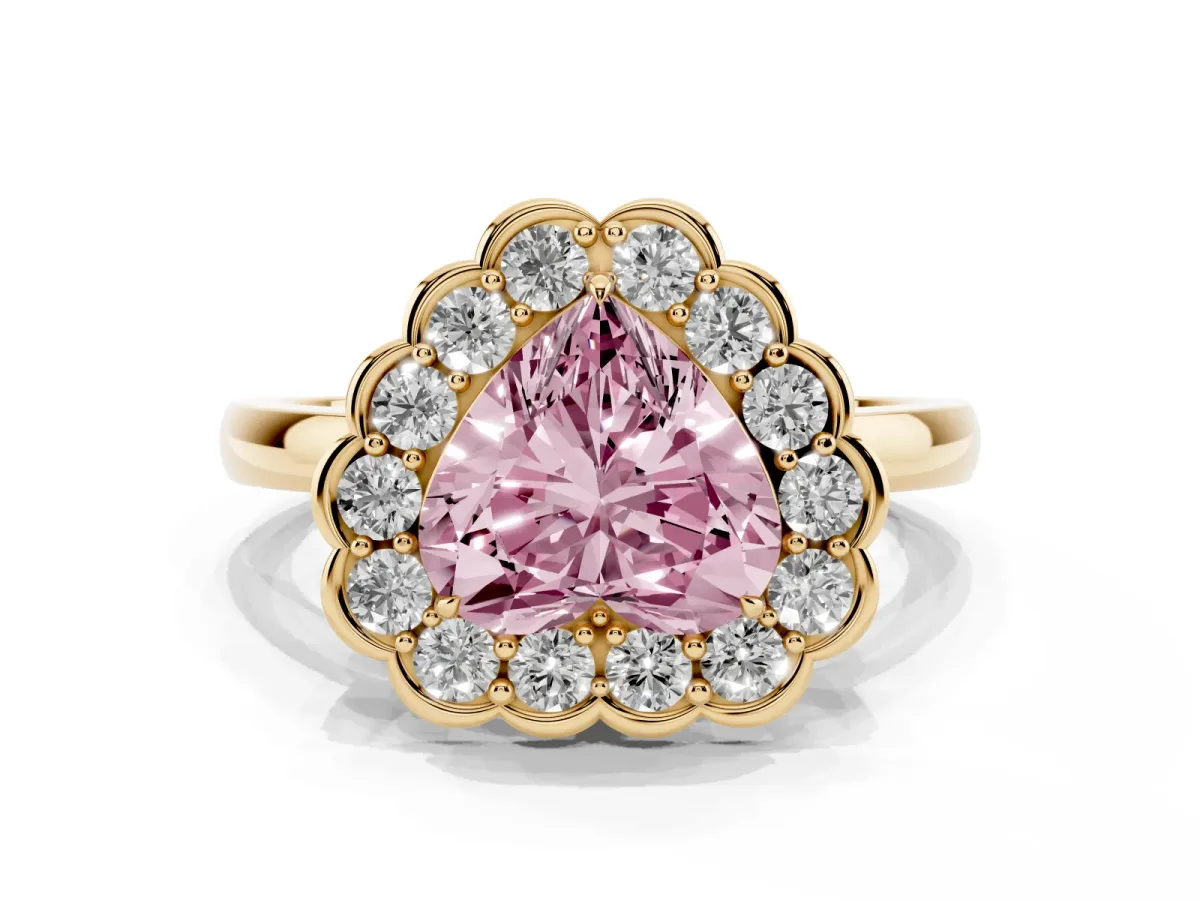 Fancy Pink Heart Cut Halo Cluster Diamond Engagement Ring with Solitaire Band and Prong Setting Yellow gold
