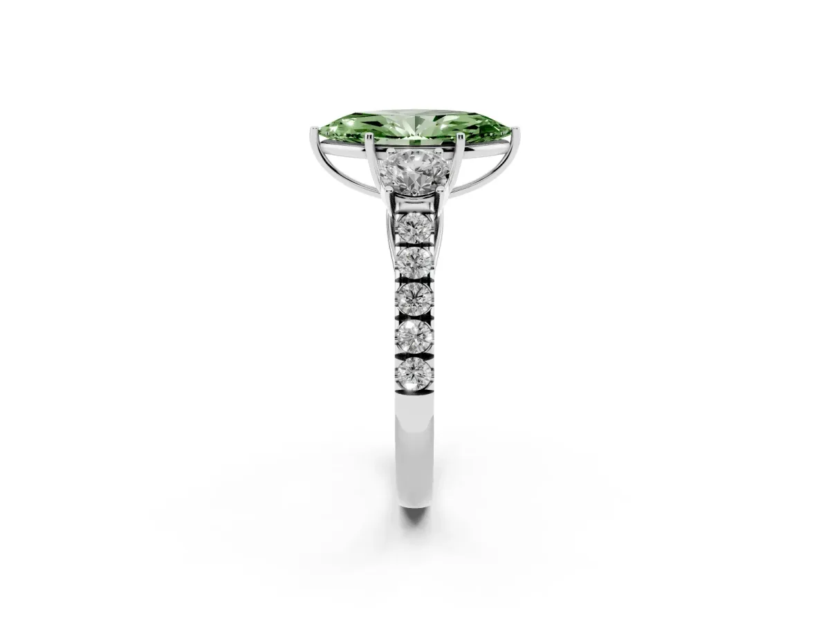 Fancy Green Marquise Cut Cut Diamond Three-Stone Ring with Round Side Stones and Pavé Band Silver