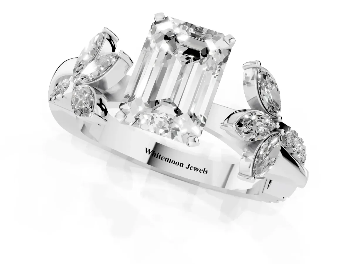 Emerald Cut Diamond Floral Vine Solitaire Engagement Ring Silver