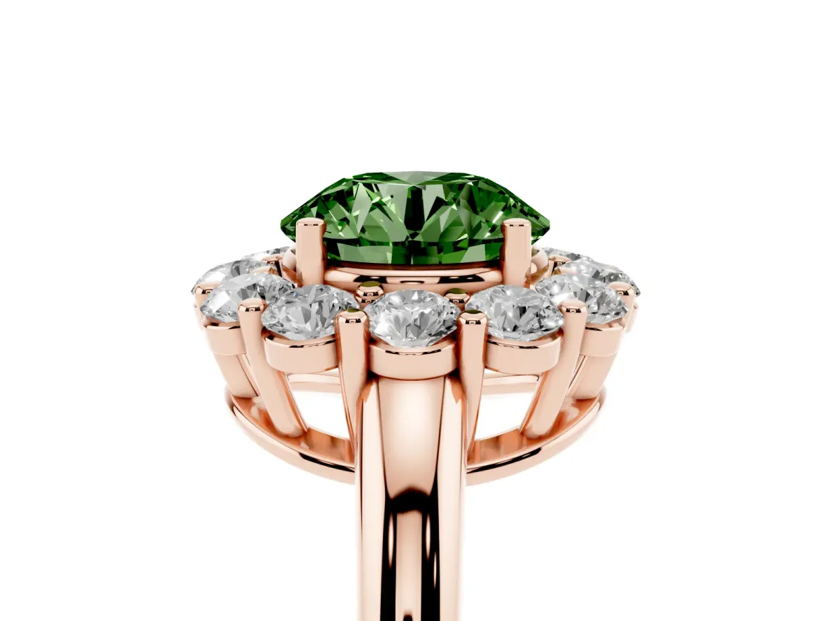 Fancy Green Round Cut Halo Cluster Diamond Engagement Ring with Prong Setting and Polished Band Rose gold
