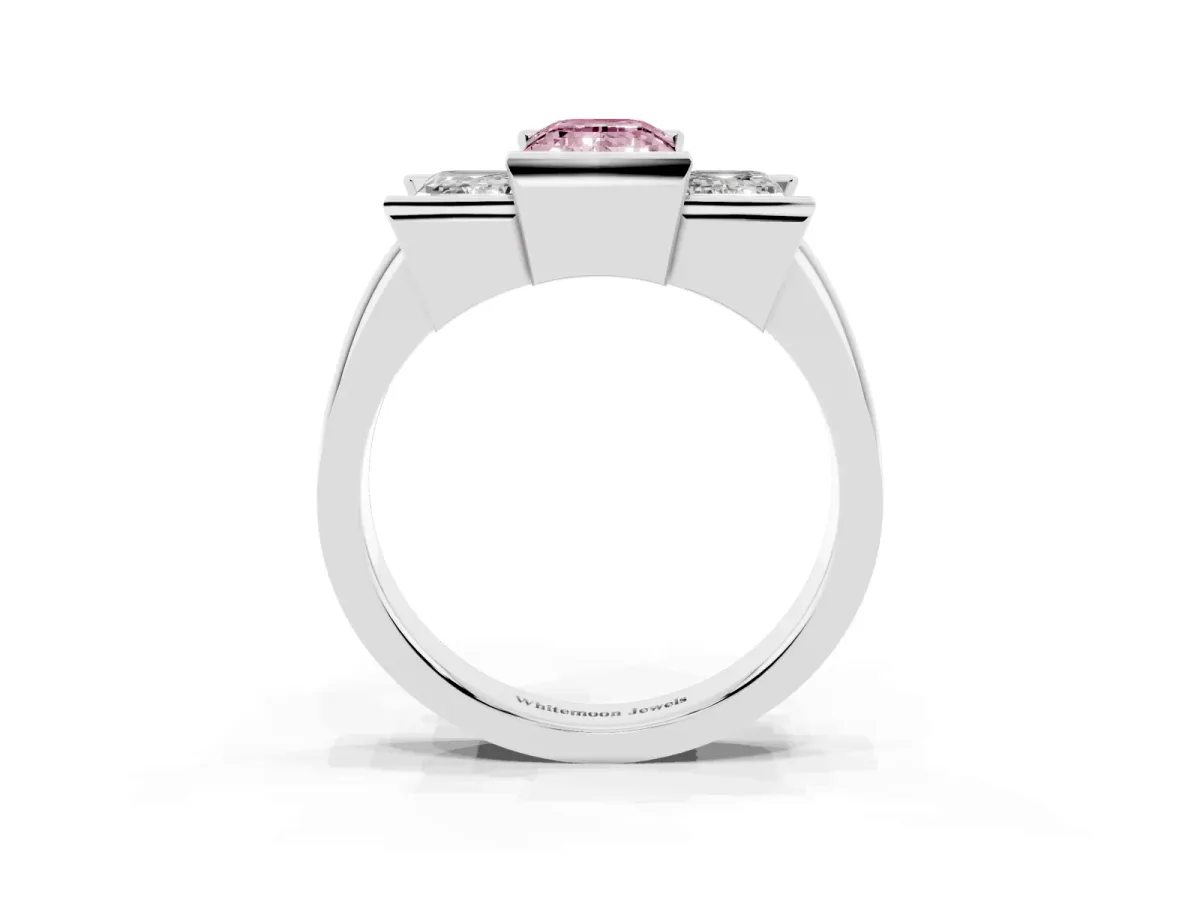 Fancy Pink Three Stone Emerald Cut Cut Channel Set Diamond Ring Platinum
