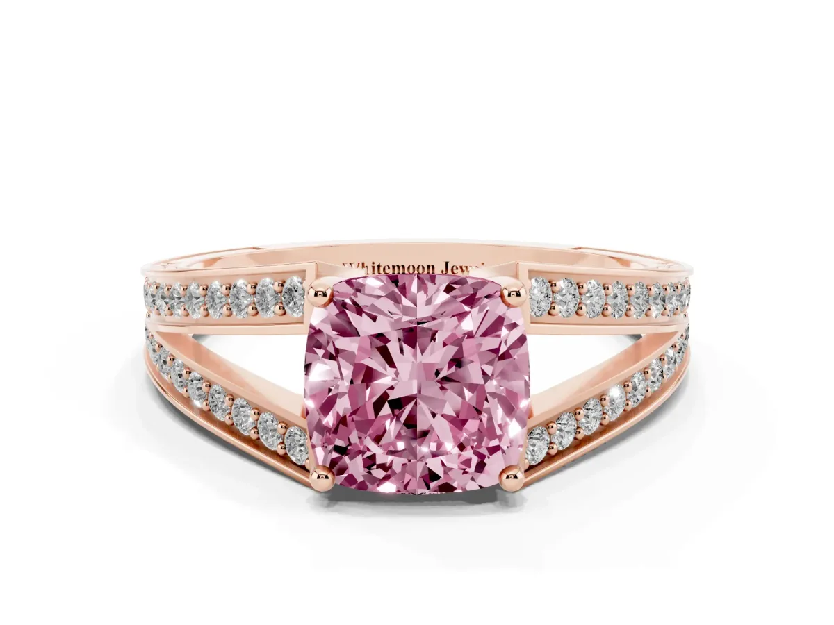 Fancy Pink Cushion Cut Diamond Split Shank Ring with Pavé Band and Four-Prong Setting Rose gold