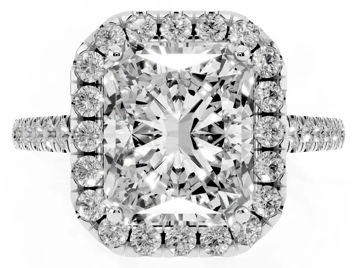 Radiant Cut Halo Pavé Diamond Engagement Ring with Four-Prong Setting Silver