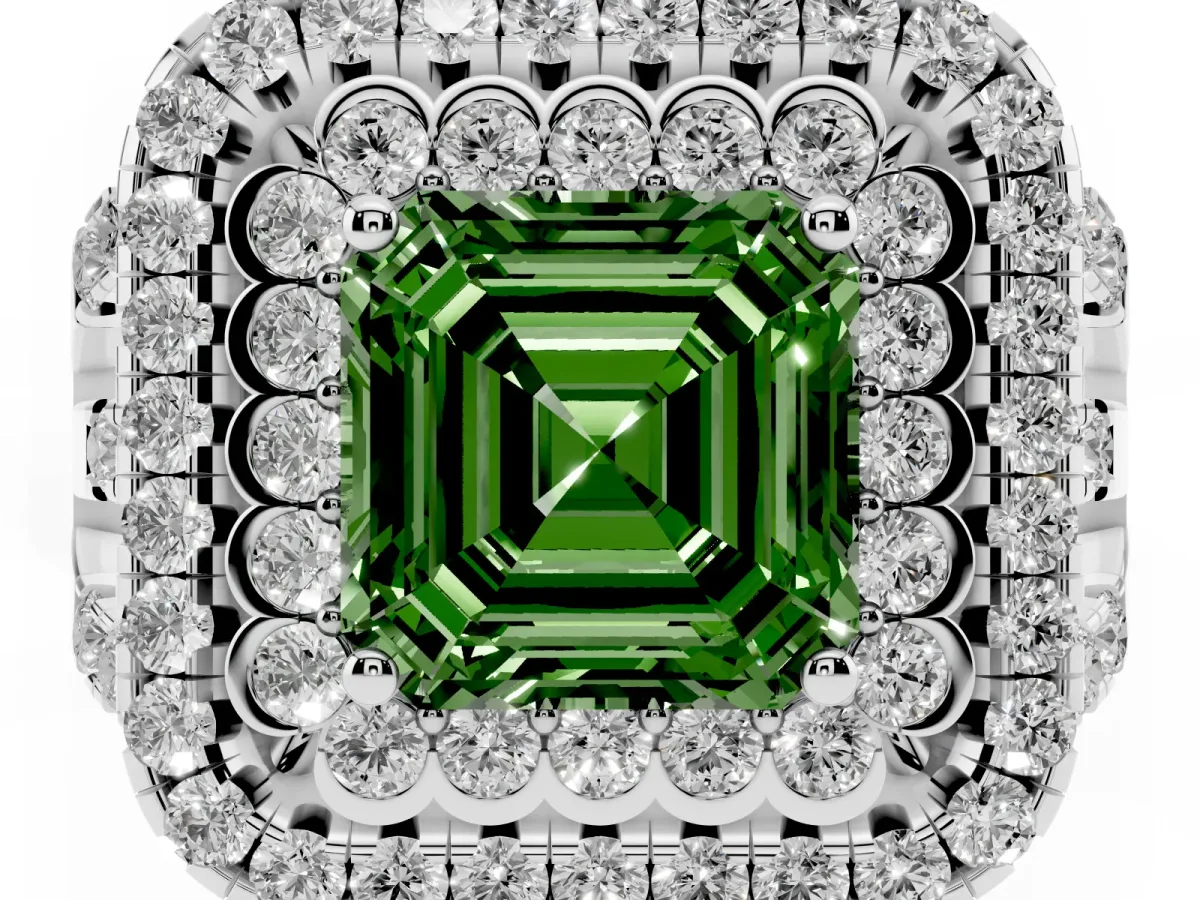 Fancy Green Asscher Cut Diamond Double Halo Ring with Round Pavé Split Shank and Prong Setting Silver
