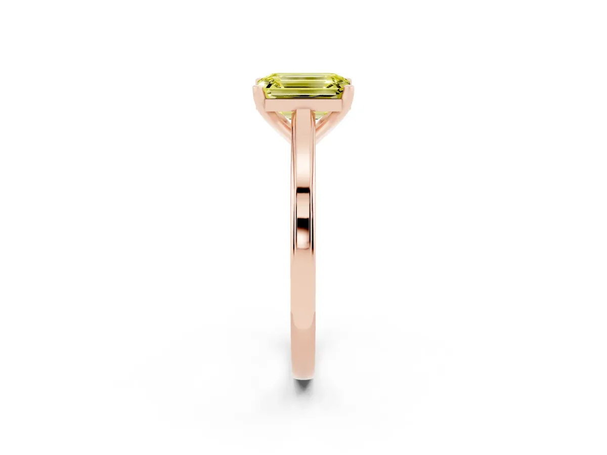 Fancy Yellow Emerald Cut Solitaire Diamond Ring with Four-Prong Setting and Classic Band Rose gold