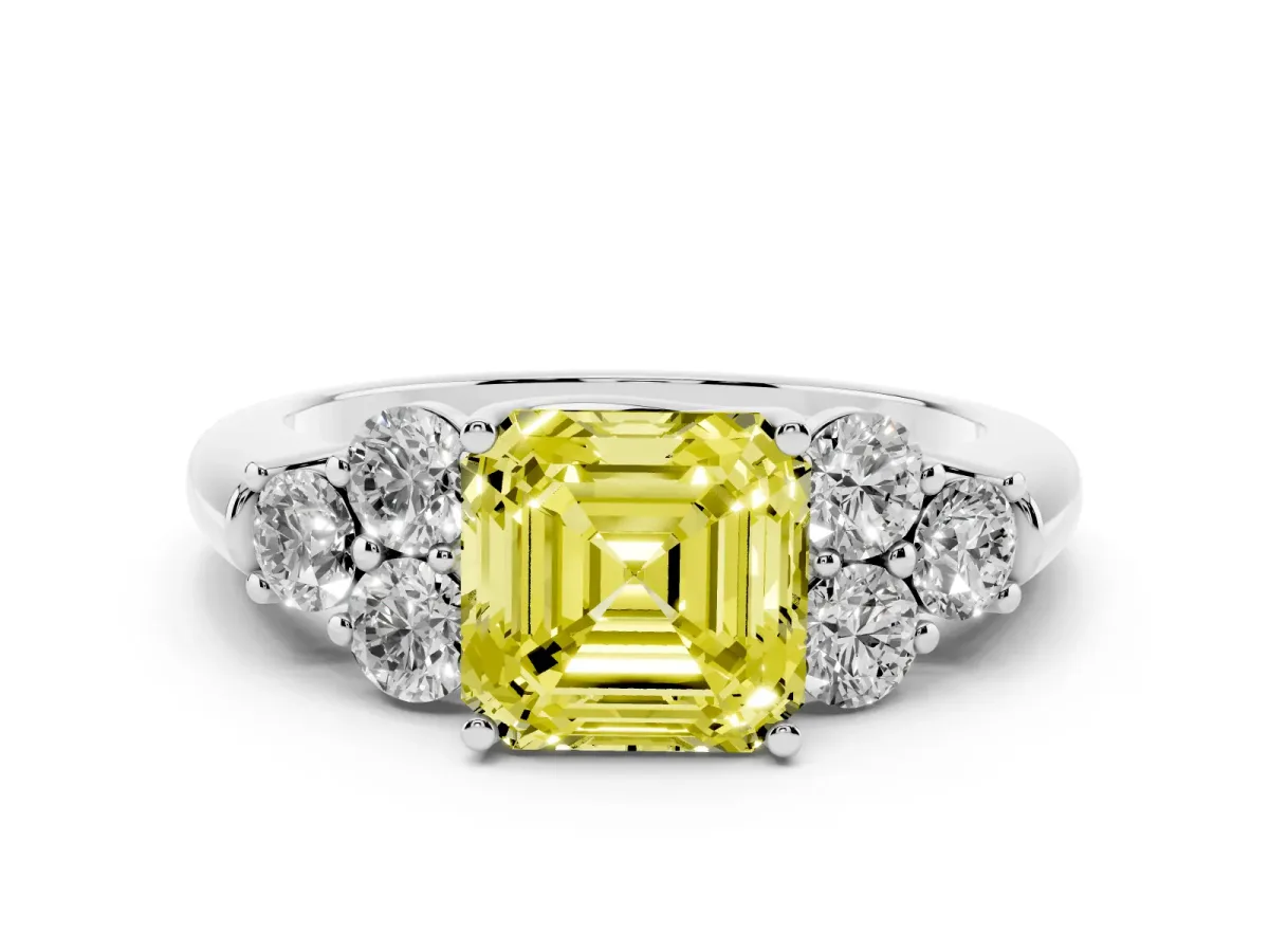 Fancy Yellow Asscher Cut Cut Diamond Cluster Ring with Round Accent Stones and Prong Setting on a Classic Band White gold