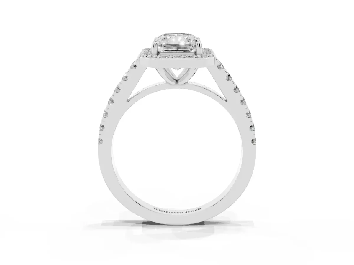 Radiant Cut Diamond Halo Ring with Round Pavé Split Shank and Prong Setting Silver