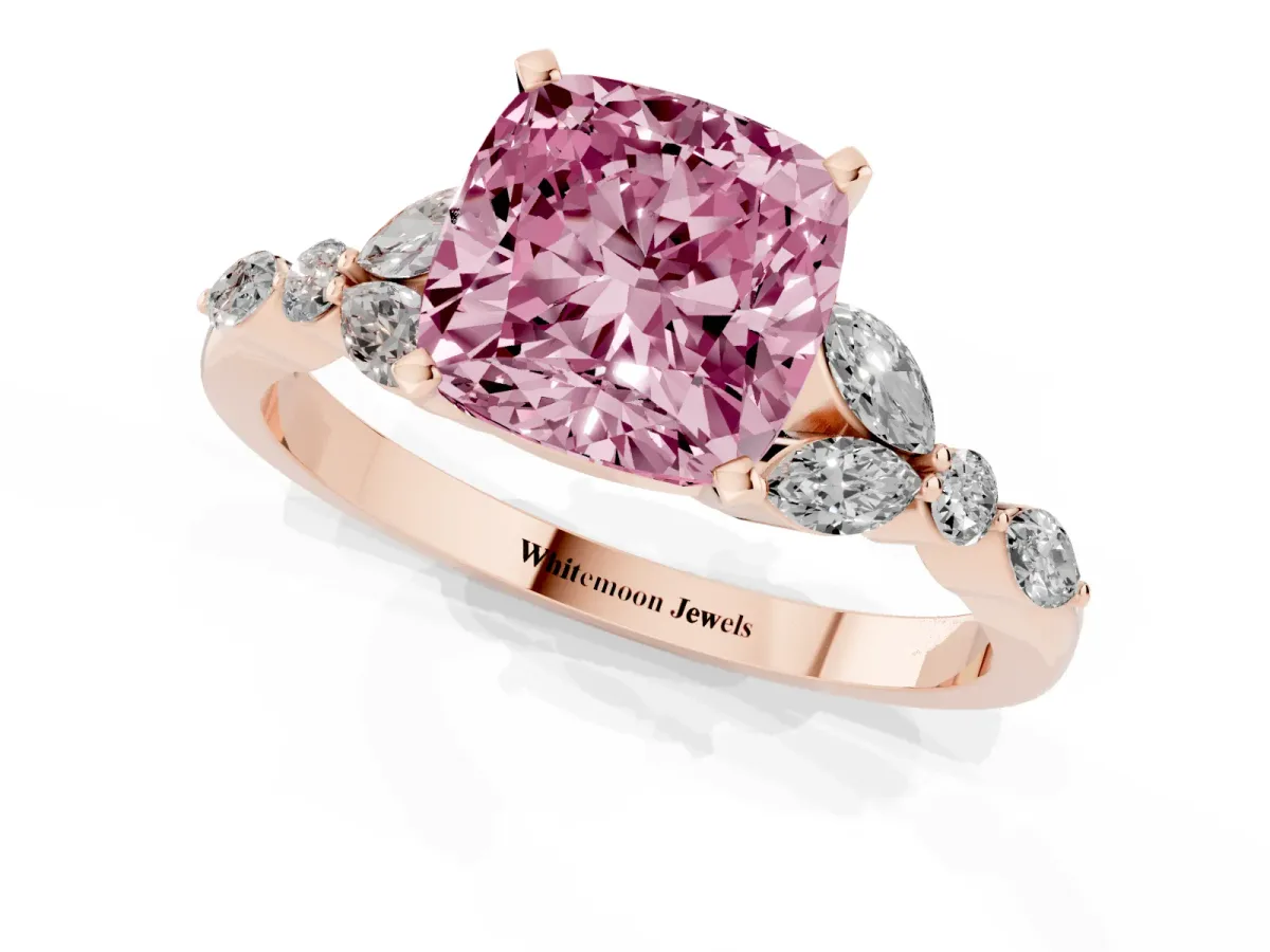 Fancy Pink Cushion Cut Diamond Solitaire Ring with Side Stones and Four-Prong Setting Rose gold