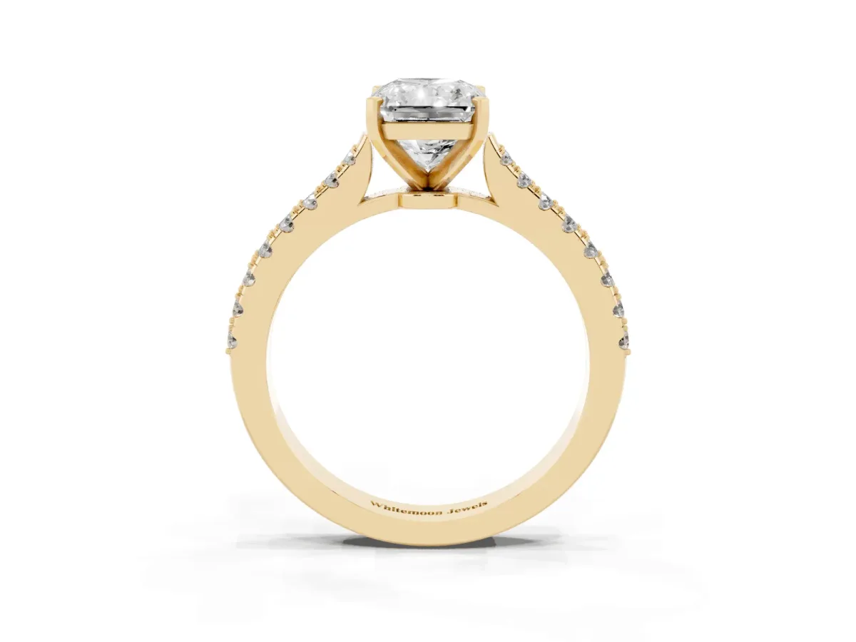 Radiant Cut Cut Solitaire Diamond Engagement Ring with Pave Band and Four-Prong Setting Yellow gold