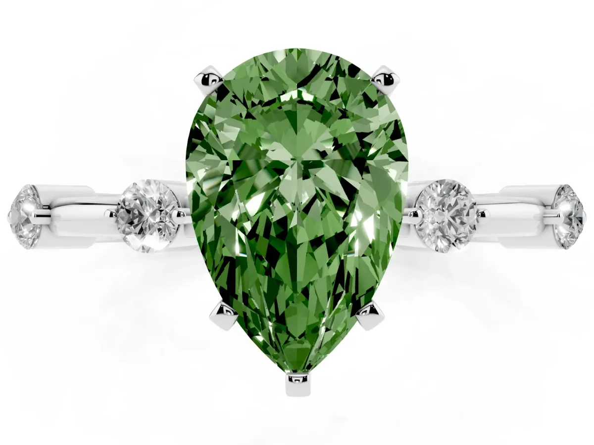 Fancy Green Pear Cut Solitaire Diamond Ring with Bezel Set Side Stones and Prong Setting Platinum