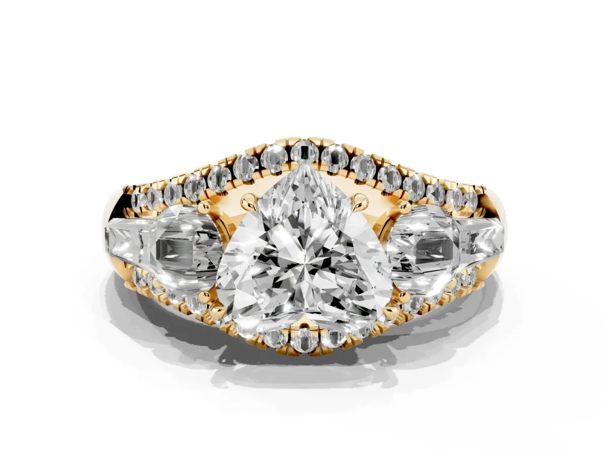 Three-Stone Heart Cut Diamond Engagement Ring with Pave Band and Prong Setting Yellow gold