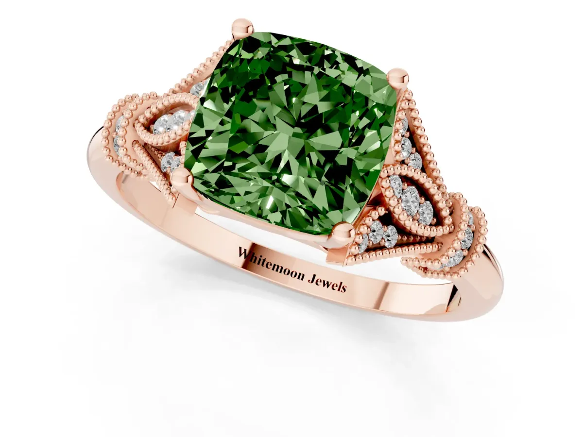 Fancy Green Cushion Cut Diamond Solitaire Ring with Floral Filigree and Pave Accents Rose gold