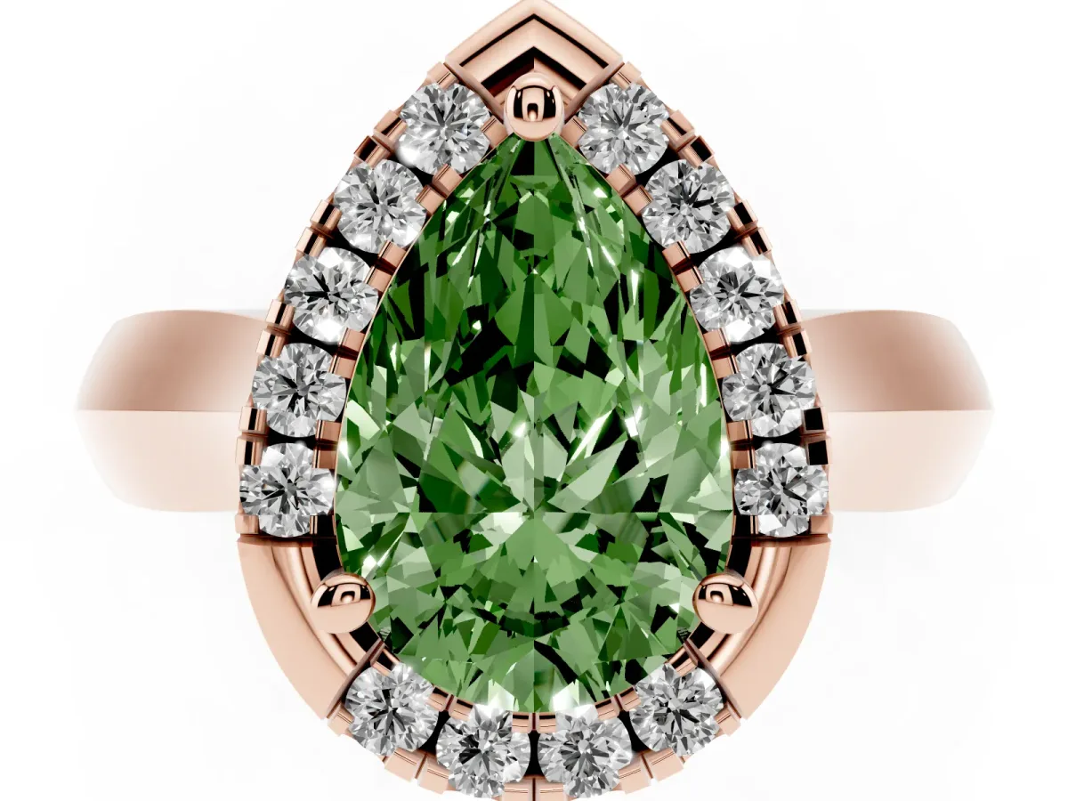 Fancy Green Pear Cut Cut Halo Solitaire Engagement Ring with Square Band and Four-Prong Setting Rose gold