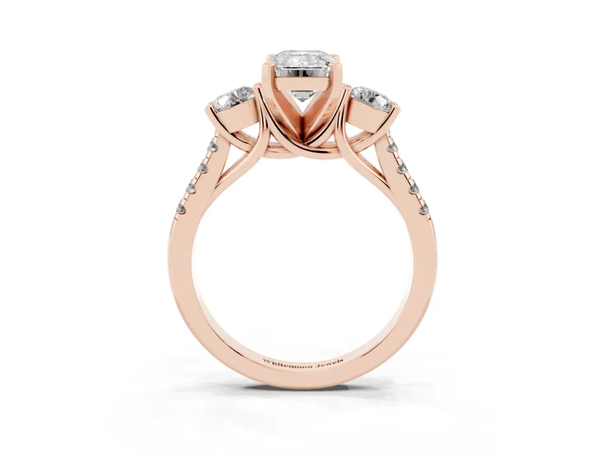 Three-Stone Emerald Cut Diamond Pavé Band with Four-Prong Setting Rose gold