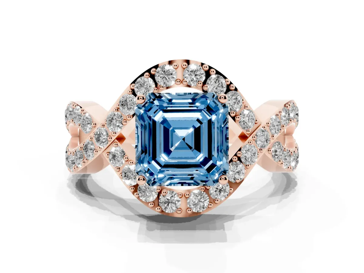 Fancy Blue Asscher Cut Solitaire Twist Band Pavé Diamond Engagement Ring Rose gold