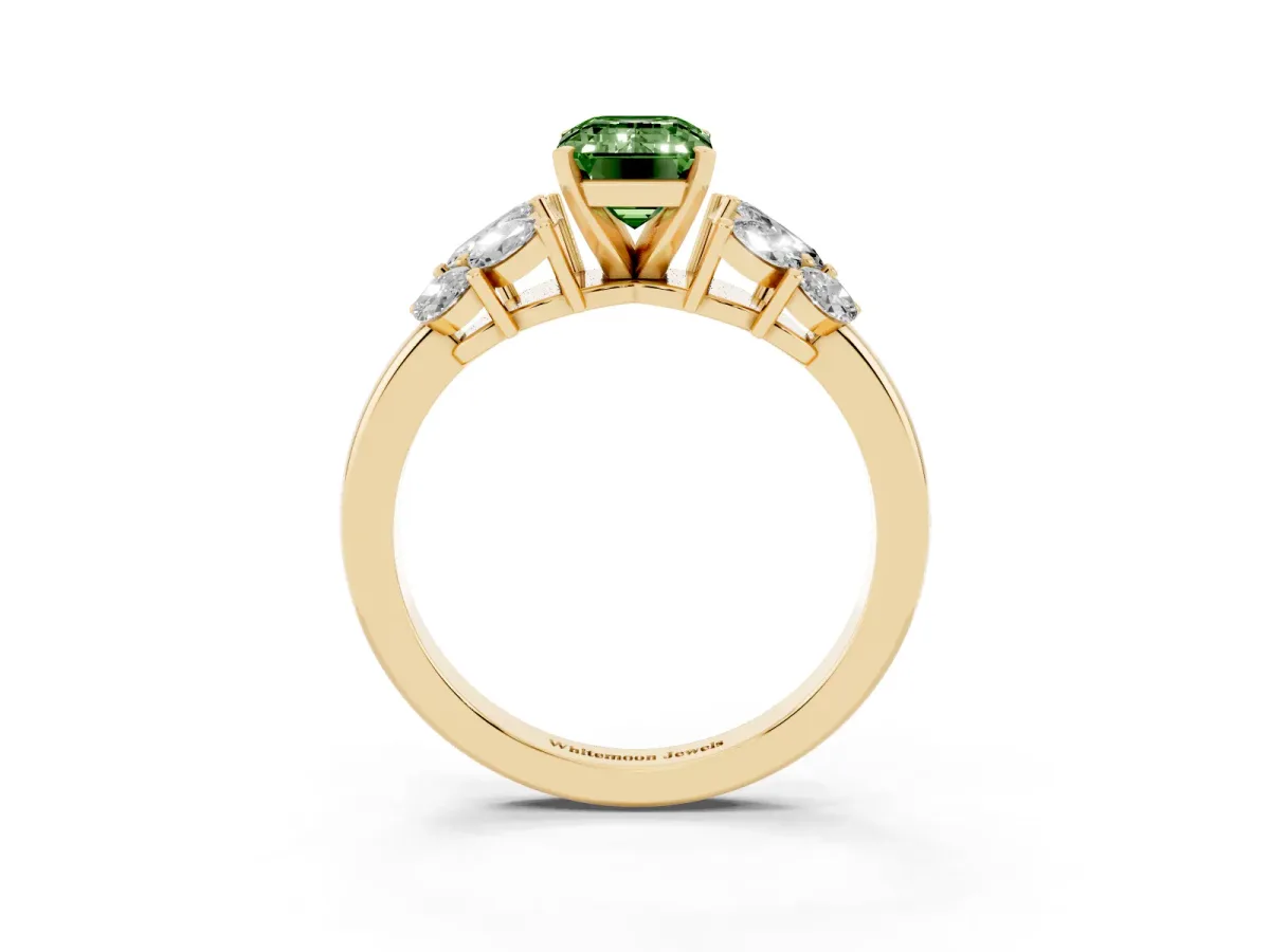 Fancy Green Emerald Cut Diamond Cluster Leaf Design Ring with Prong Setting Yellow gold