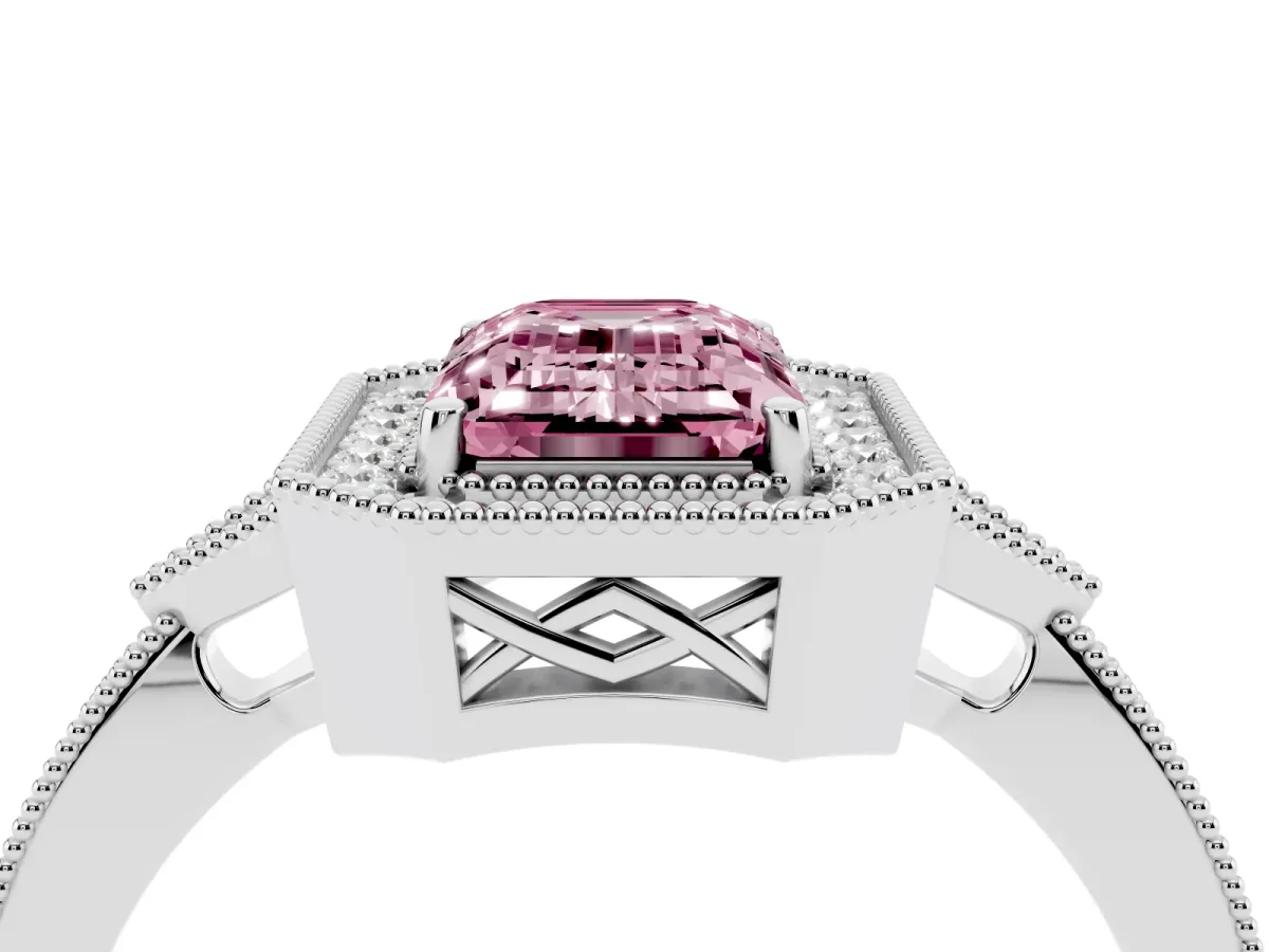 Fancy Pink Emerald Cut Halo Round Diamond Milgrain Pave Engagement Ring Silver