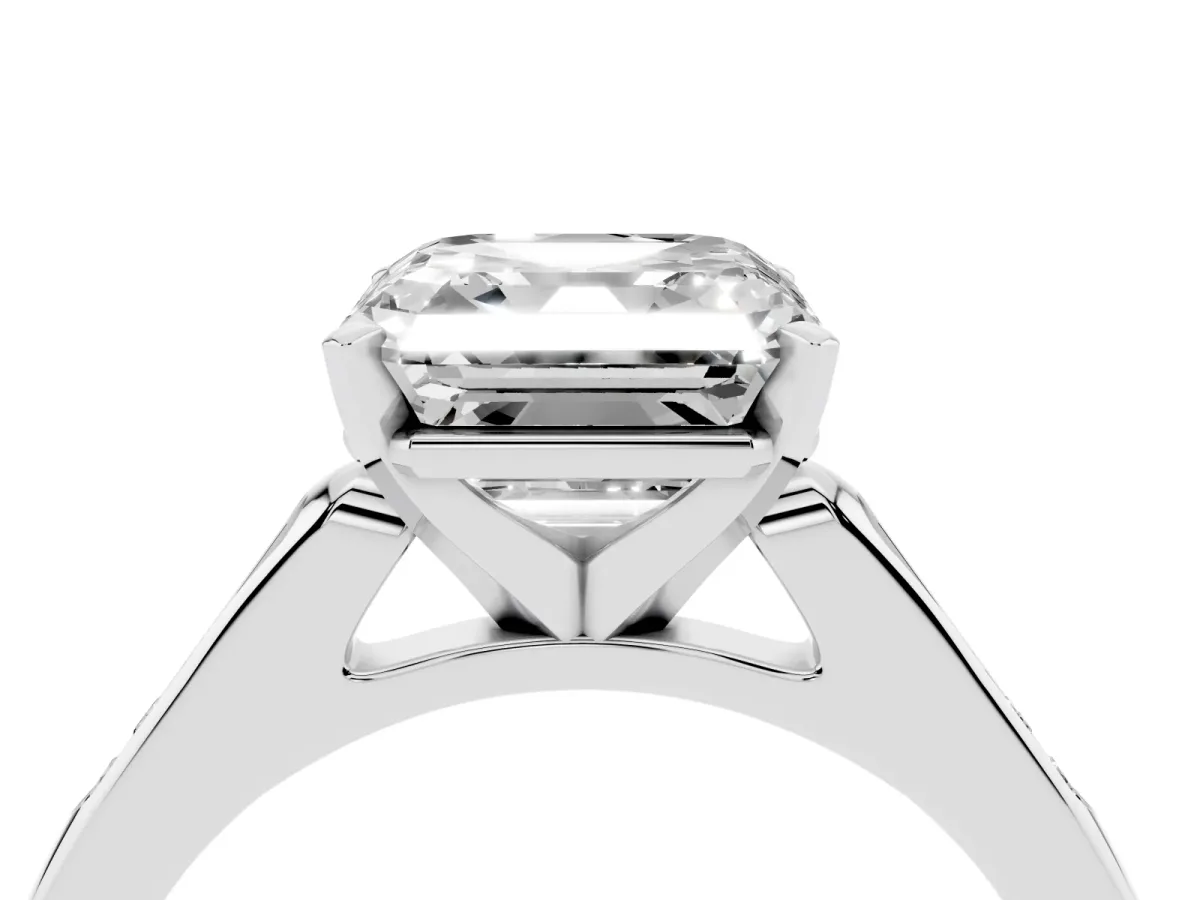 Asscher Cut Diamond Solitaire Ring with Channel Set Round Band and Prong Setting Silver