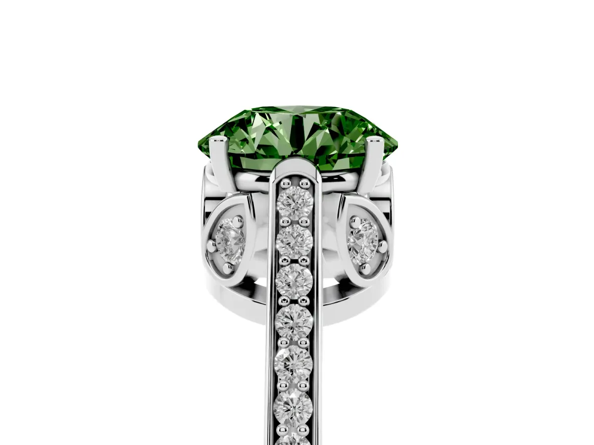 Fancy Green Round Cut Cut Cathedral Pave Diamond Engagement Ring with Six-Prong Setting Silver