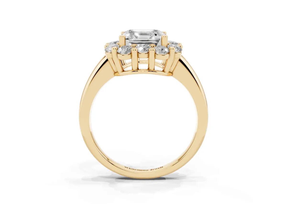 Asscher Cut Halo Cluster Diamond Engagement Ring with Prong Setting and Polished Band Yellow gold