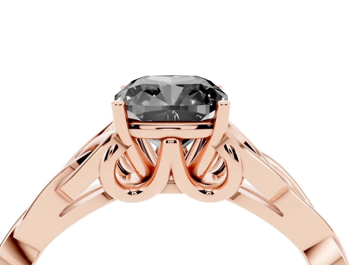 Fancy Black Cushion Cut Diamond Solitaire Engagement Ring with Celtic Knot Band and Four-Prong Setting Rose gold